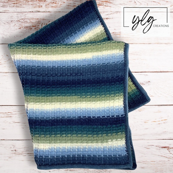 Crochet Afghan Blanket Throw | Hand Crafted | Variegated Blue Green | 45 x 39 - Picture 3 of 10